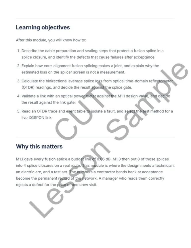 Inner page of the FTTH sample lesson