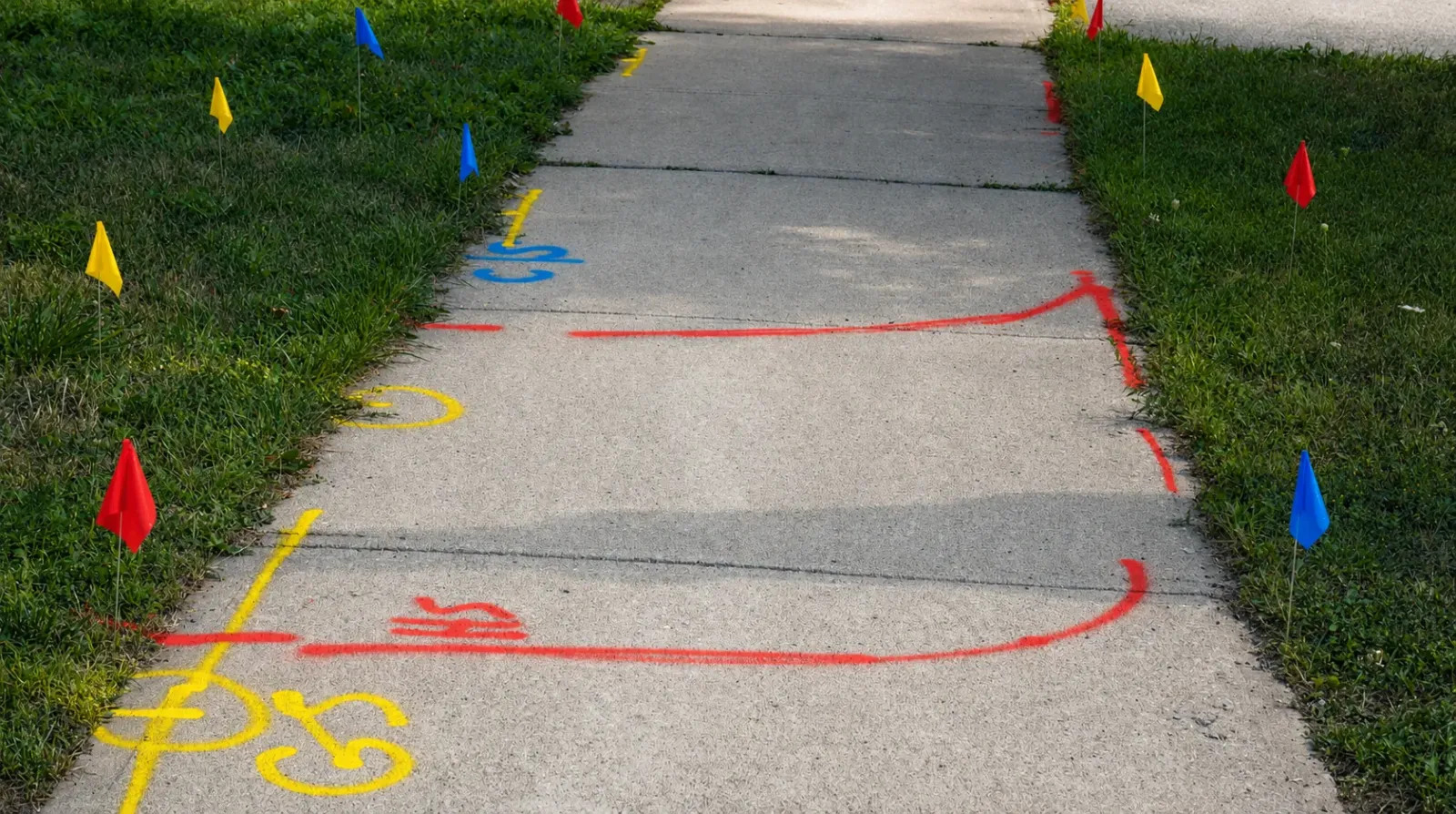 Painted locate marks and colored flags on a sidewalk before excavation