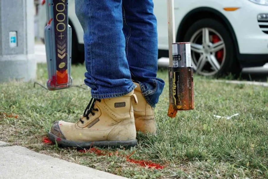 A locator's boots beside fresh paint marks on a locate route